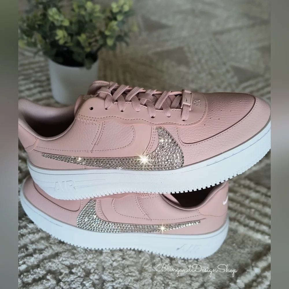 Womens Pink Nike Air Force 1 Platform Sneakers Shoes made with Crystals